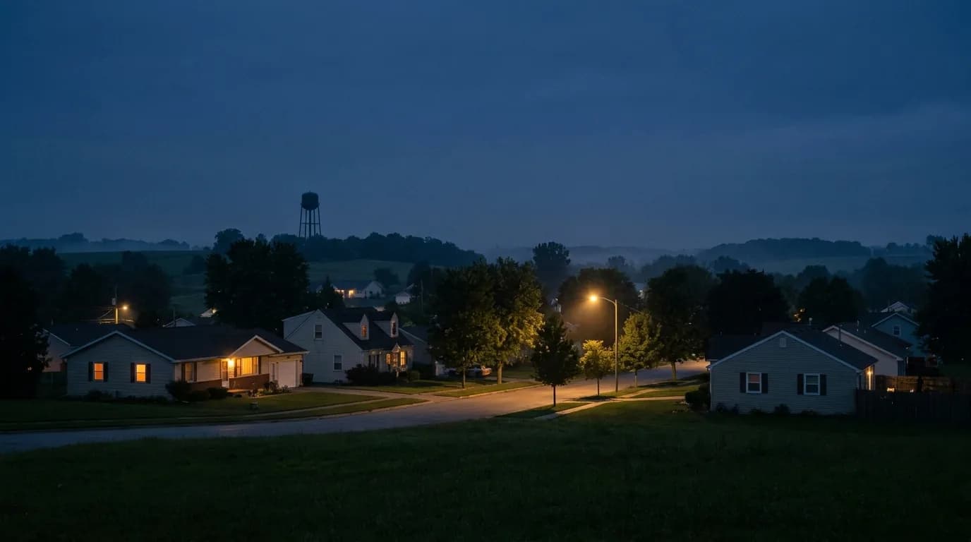 A midwestern neighborhood of homes at blue hour