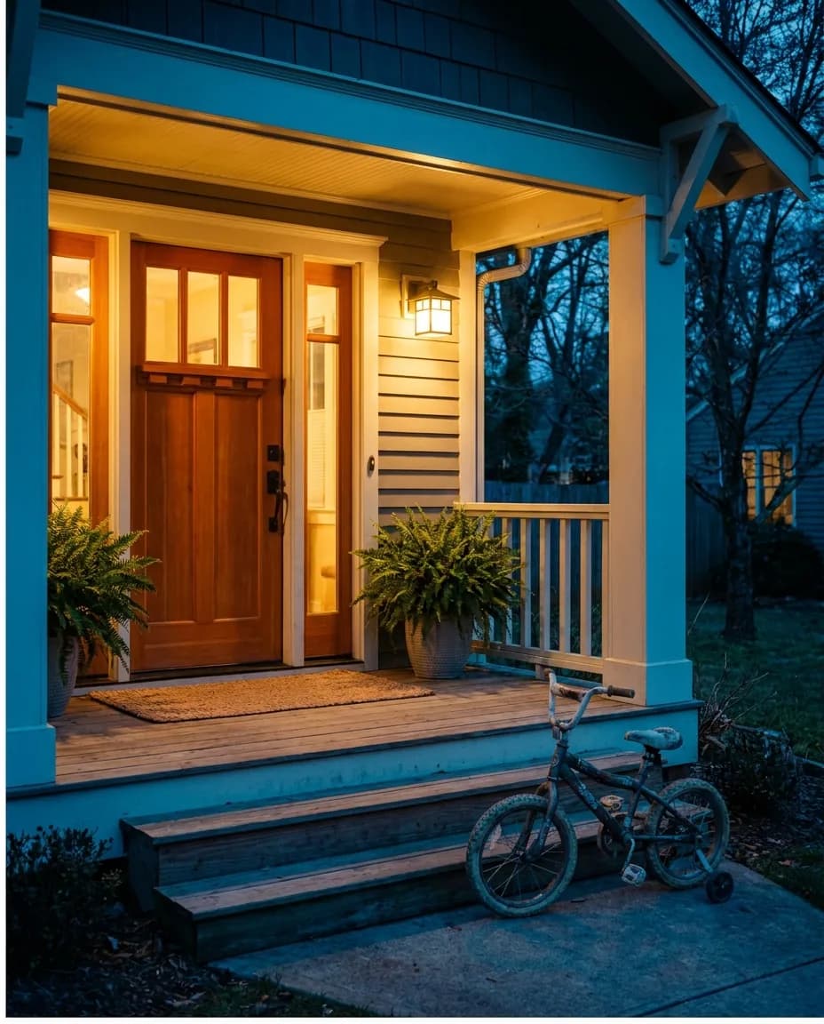 A warm front porch and door glowing at dusk