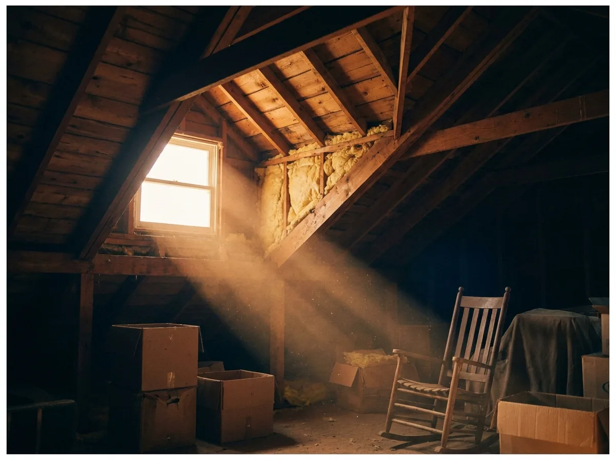 An attic space lit in warm amber light at dusk