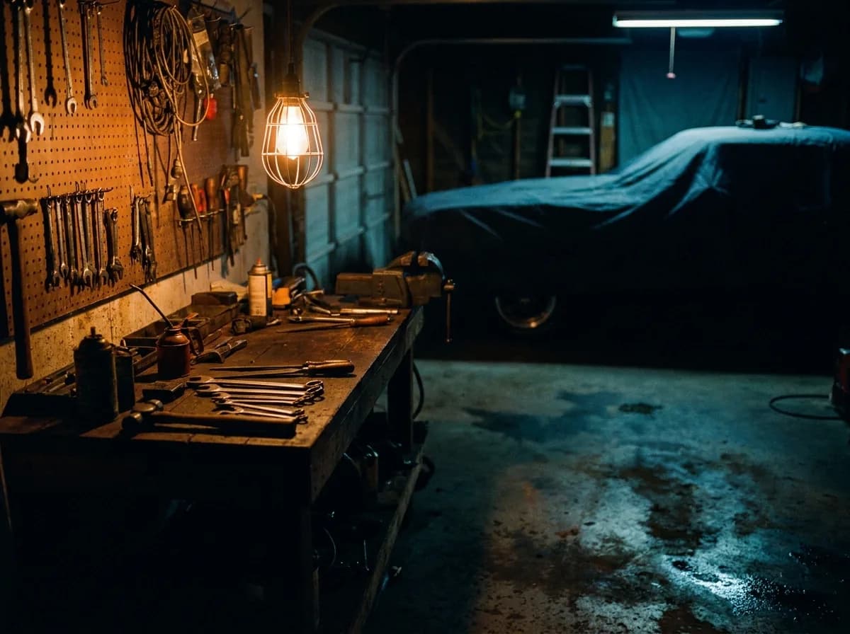 A home garage interior lit in warm amber light at dusk