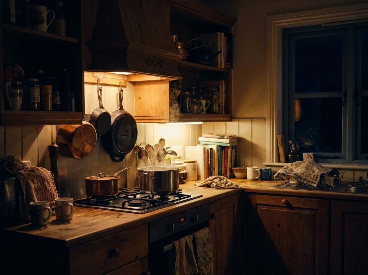 A kitchen interior lit in warm amber light at dusk