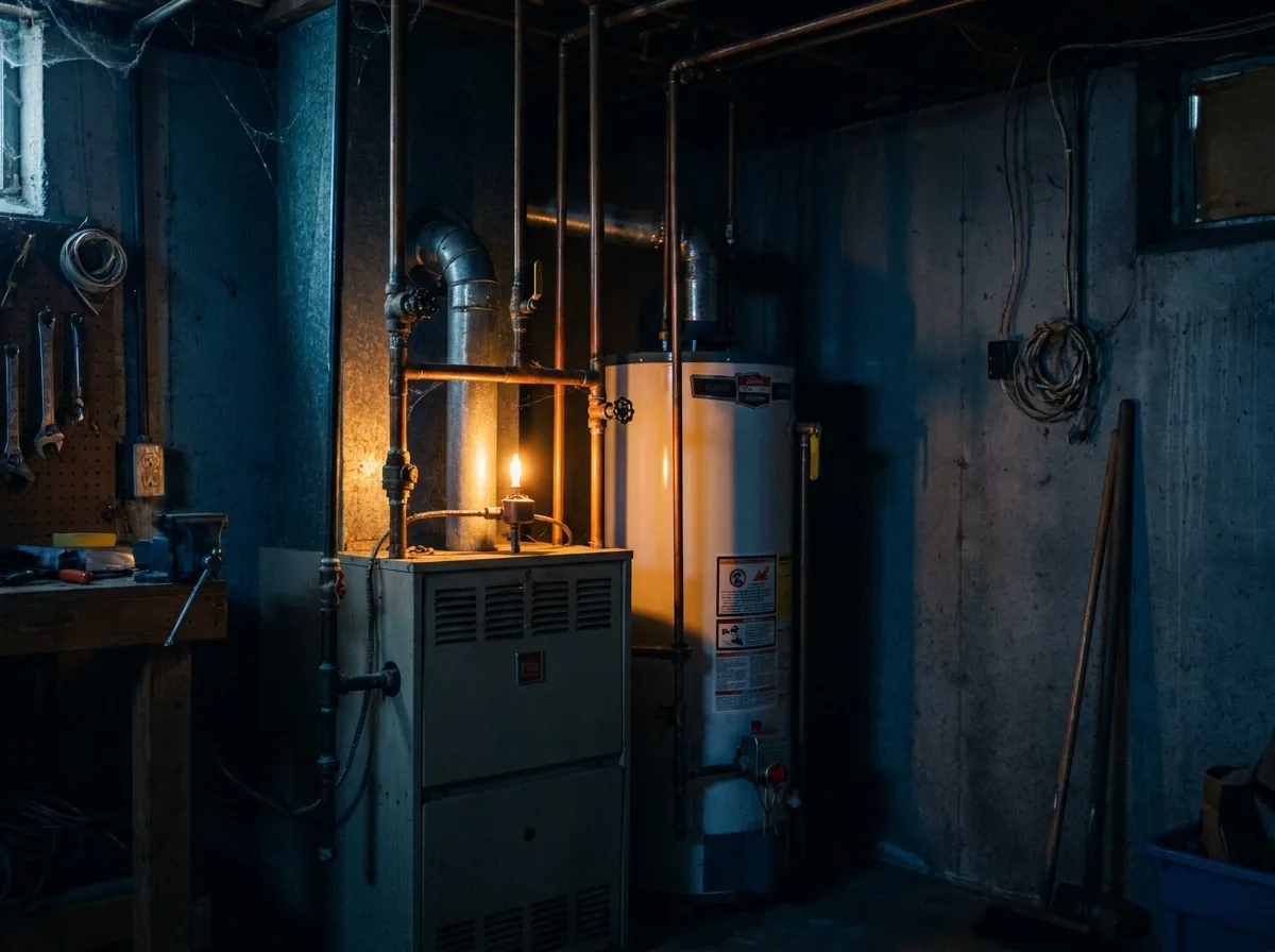 A furnace and utility room lit in warm amber light at dusk